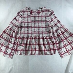 Caslon Plaid Long Sleeve Blouse cinched elastic bodice bell sleeve picnic summer